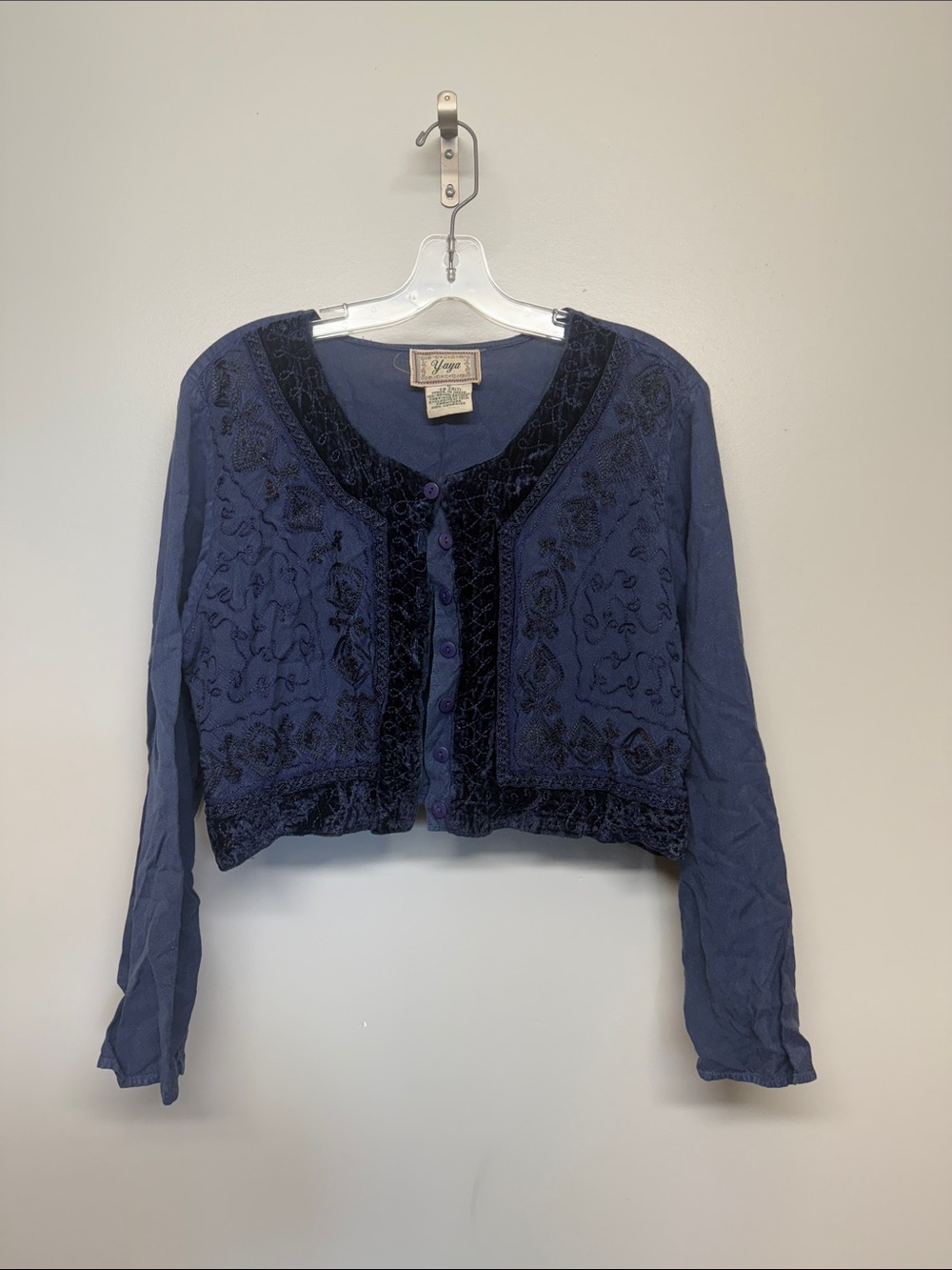 Vintage Yaya Blue Embroidered Cropped Button Blouse